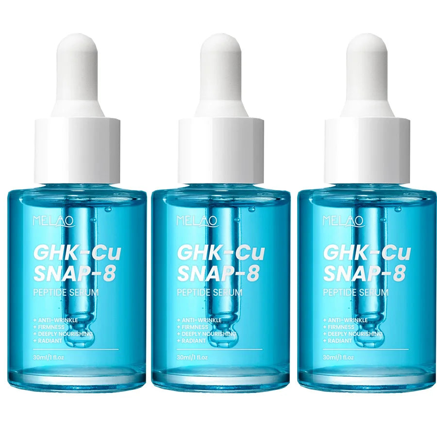 Three GHK-Cu SNAP-8 peptide serum bottles with blue liquid, 30ml