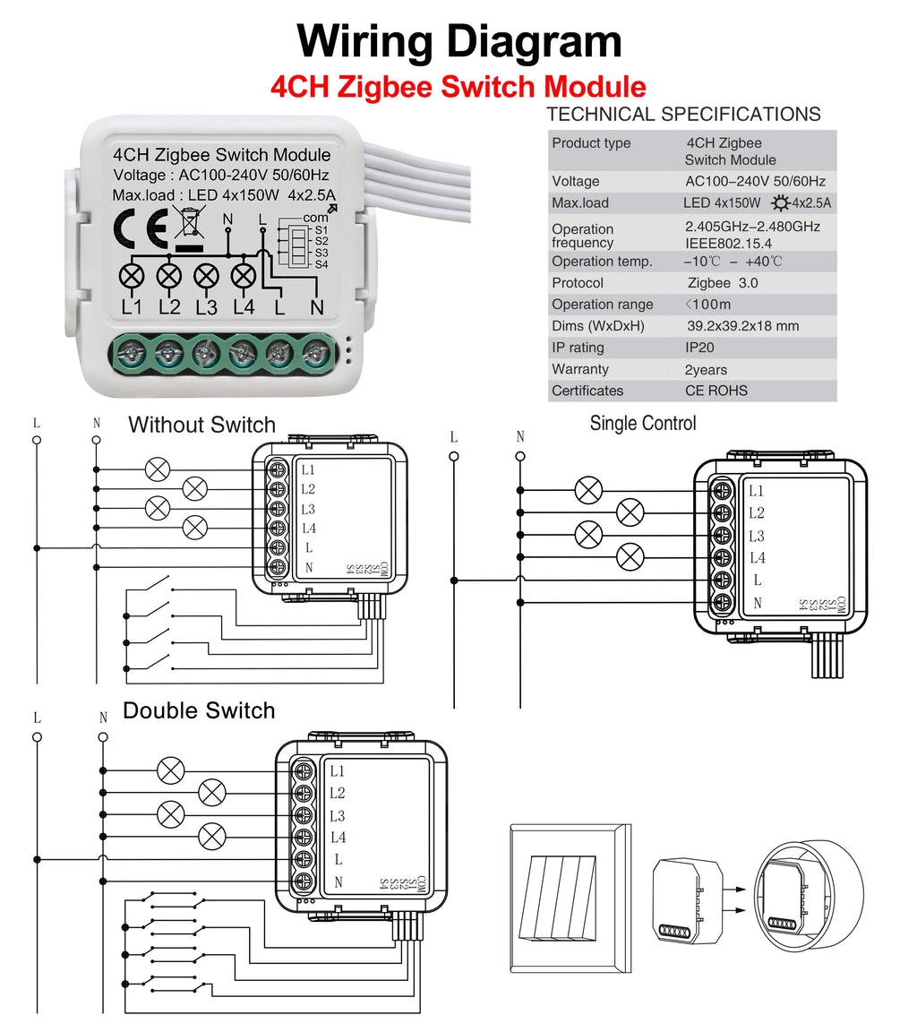 GIRIER Tuya ZigBee 3.0 Switch Module 10A Smart Home DIY Breaker 1 2 3 4 Gang Supports 2 Way Control Works with Alexa Google Home