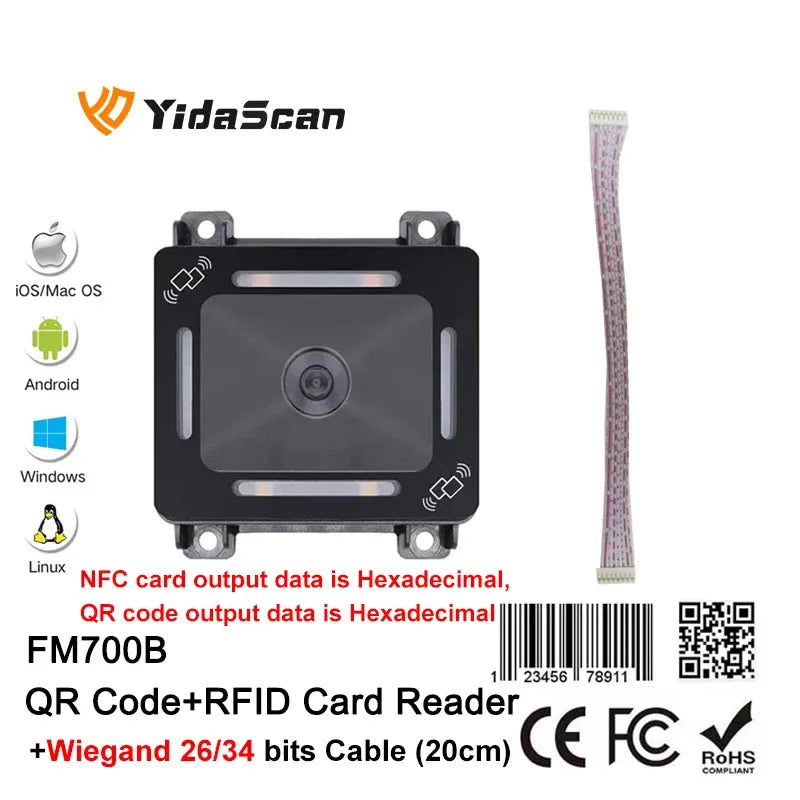 Black QR and RFID card reader with ribbon Wiegand cable and front indicator window