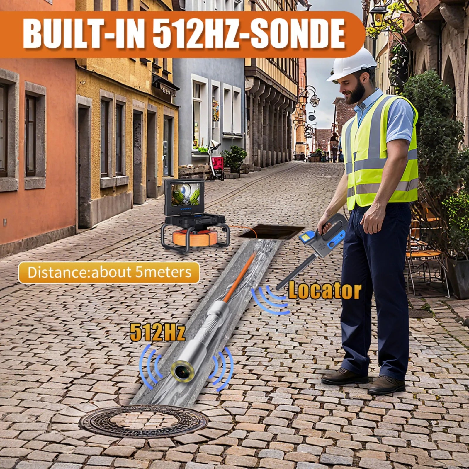 512Hz Self-Leveling Sewer Camera with Meter Counter,9"1080P DVR Drain Inspection Camera,7MM Diameter Cable 32GB TF Card 12 Leds