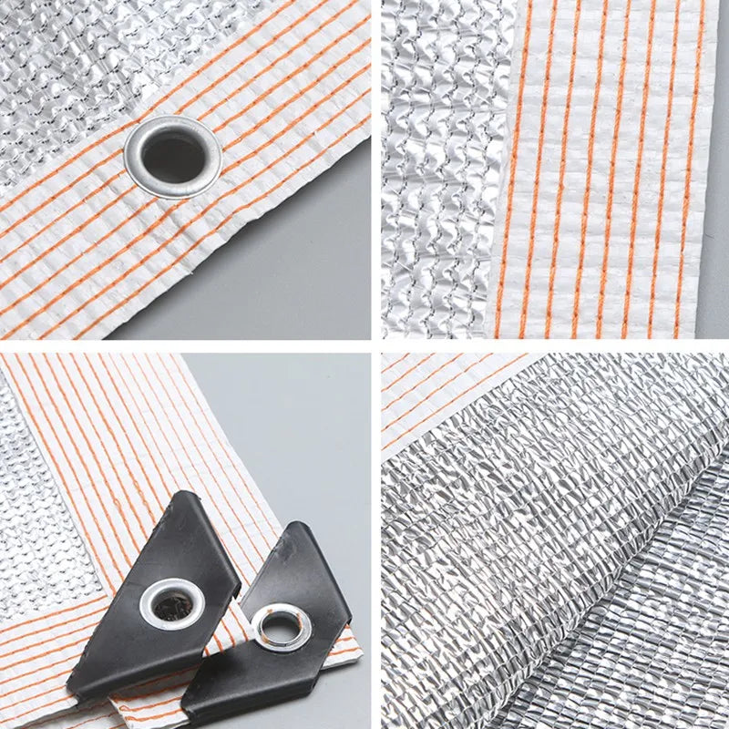Silver foil sunshade mesh with grommet hole edge and seam details on the corner
