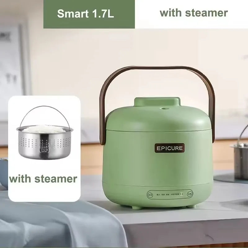 Green 1.7L electric rice cooker with steamer basket, handle, and Epicure front label