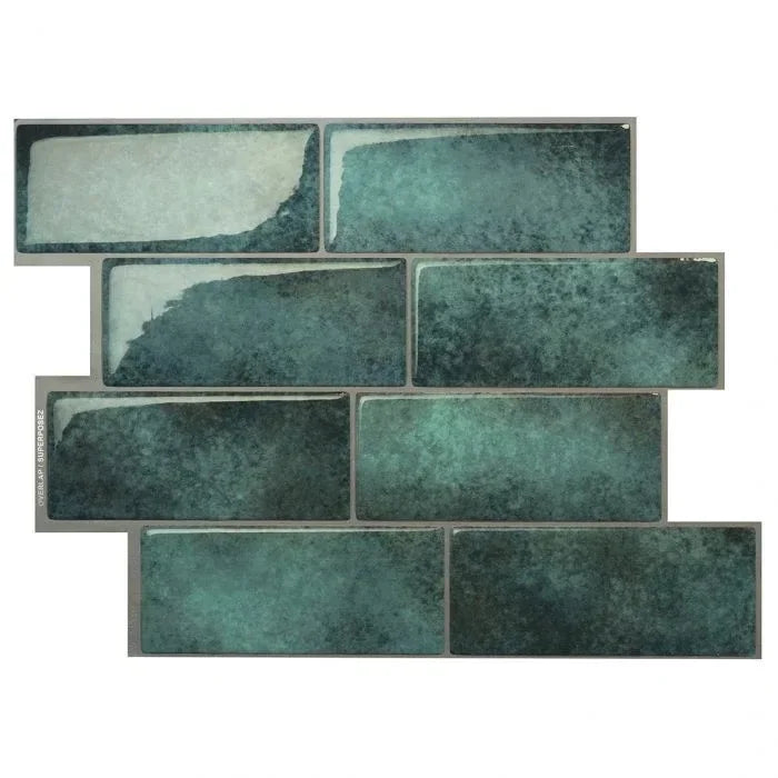Peel-and-stick backsplash tiles set, deep green textured 3D rectangular bricks with gray outlines