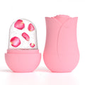 Pink rose-shaped silicone ice roller for face with a matching case and a dome of ice containing pink petals.