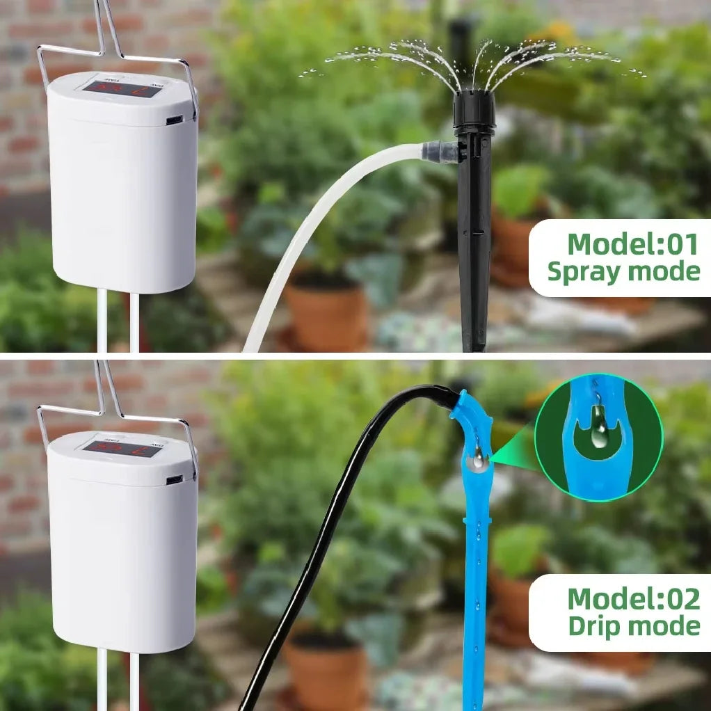 White irrigation controller with black valve and clear tube, showing drip/spray setup