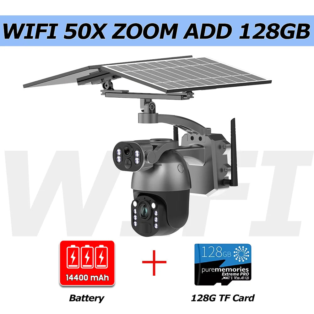 WiFi solar PTZ security camera kit with dual-lens body, solar panel, battery, and 128GB TF card