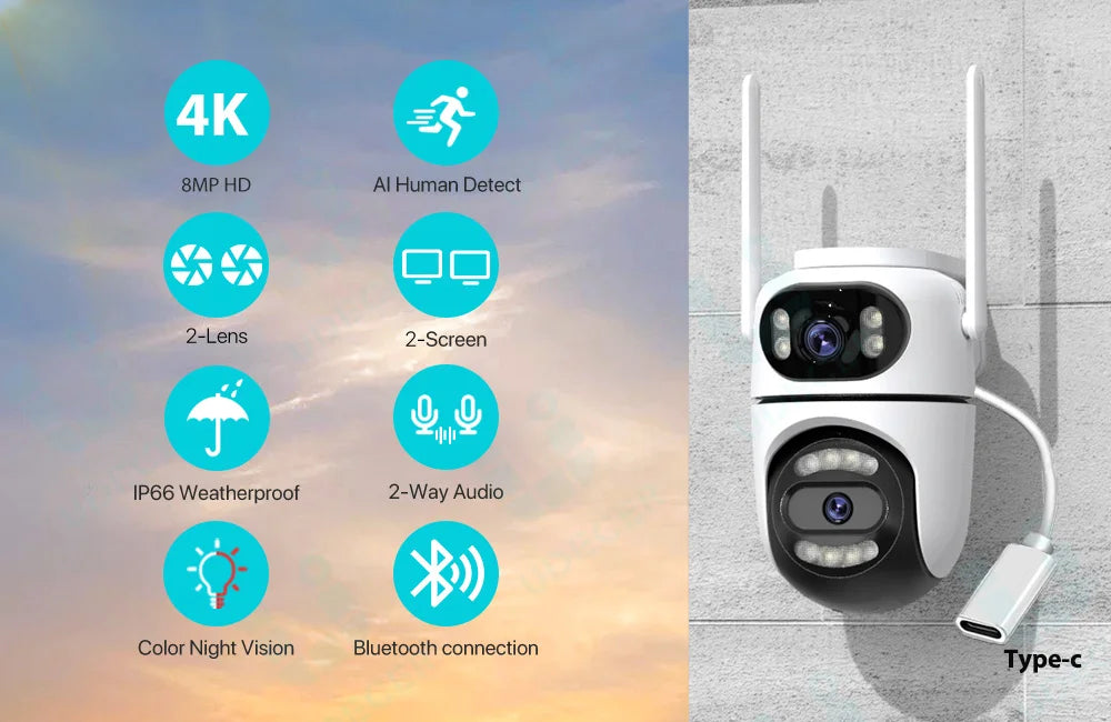 8MP 4K HD Wifi PTZ Camera iCsee APP Dual Lens Dual Screens Video Surveillance IP Camera Ai Tracking Outdoor Home Security CCTV