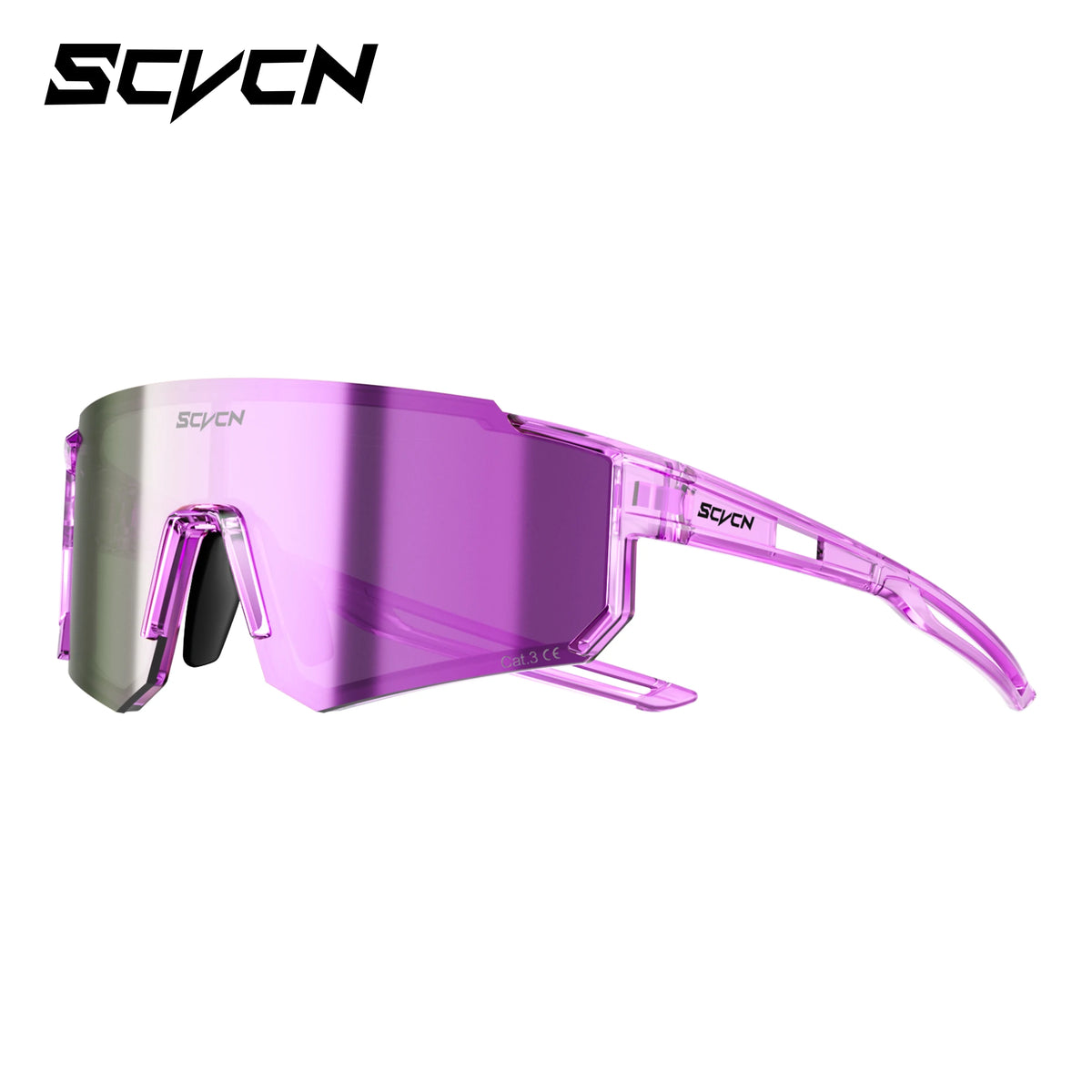 Cycling sport sunglasses with purple mirrored lens and pink frame, vented side shield
