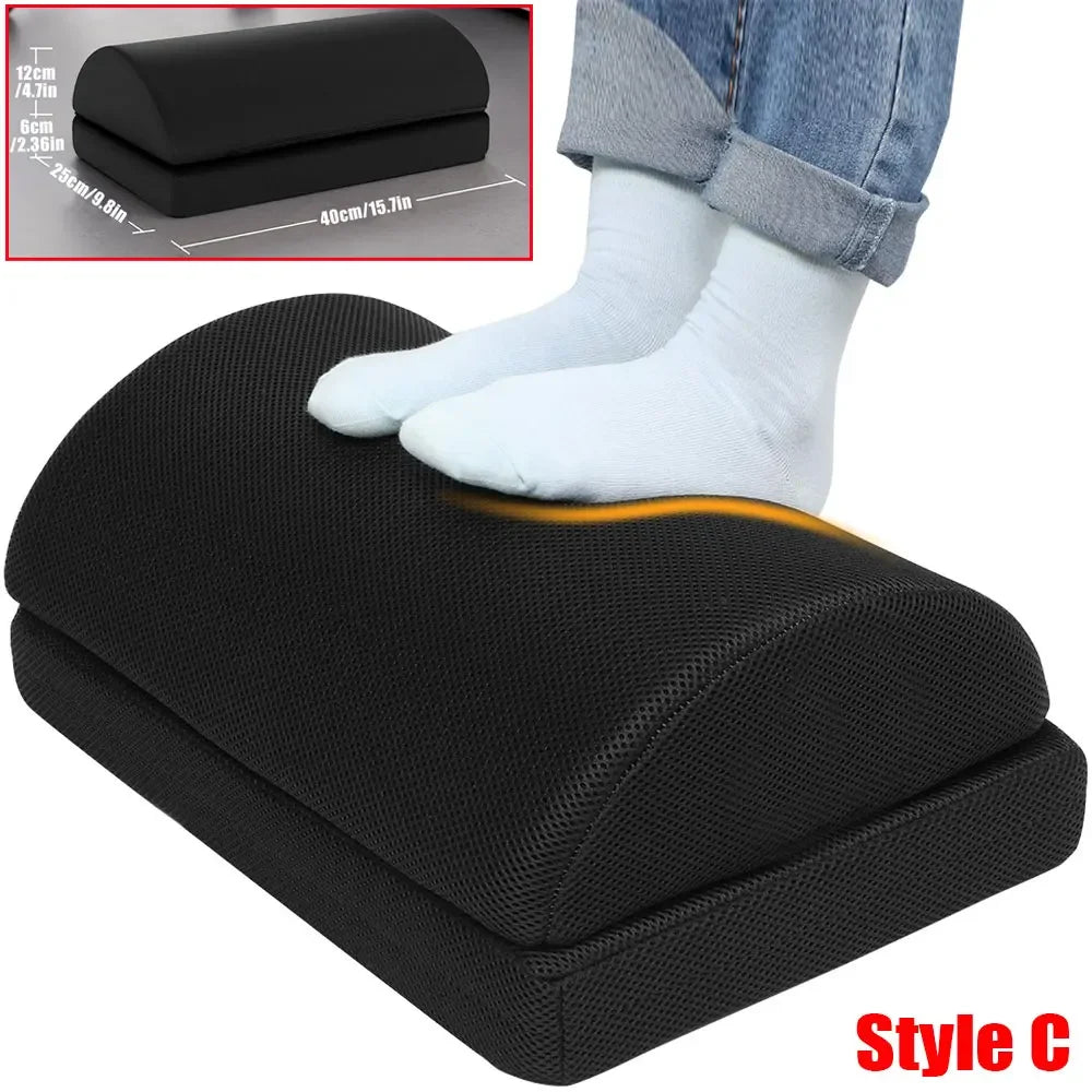 Adjustable black ergonomic under desk footrest with mesh fabric, used for feet support to relieve back and knee pain.