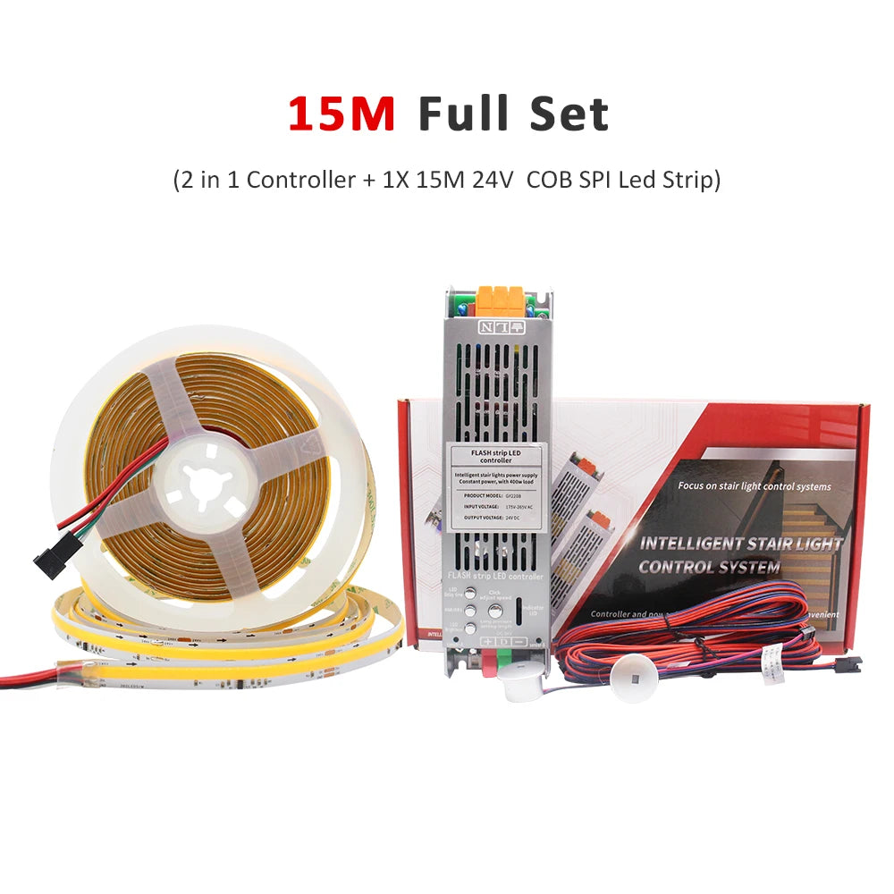 5M 10M 15M Sensor Motion Stairs LED Strip Light Kit 24V COB Water Flow Staircase Step Lighting for Interior Ladder Corridor Lamp
