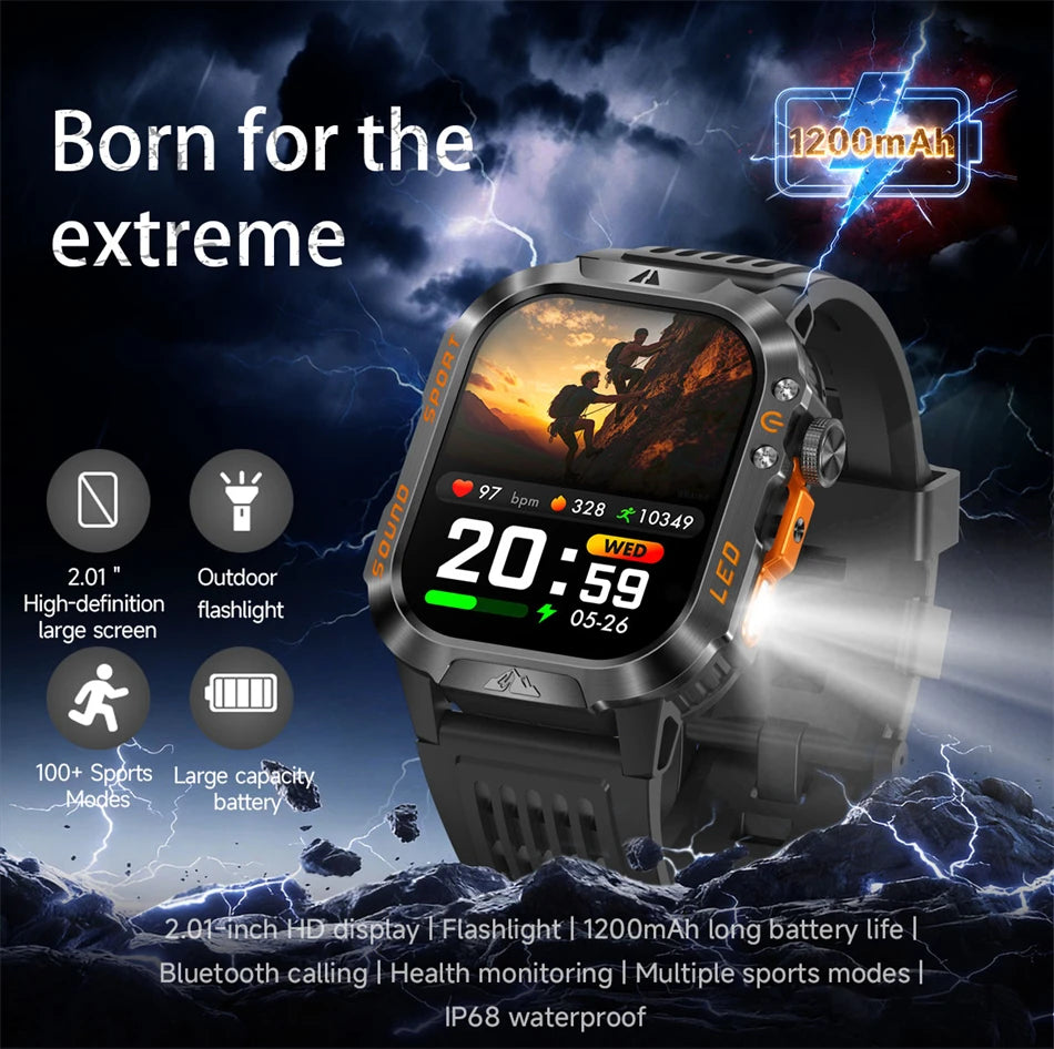 New 1200 mAh Battery Rugged Military Smartwatch Men 5ATM Waterproof Fitness Tracker Health Monitor 100+Sports Call Smart Watches