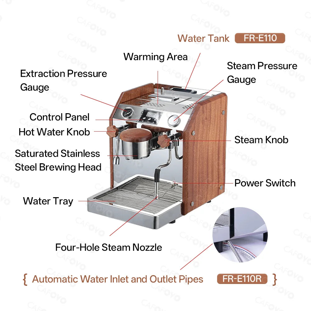 Cafoyo FR-E110 espresso machine featuring stainless steel construction with wood accents, pressure gauges, and steam.
