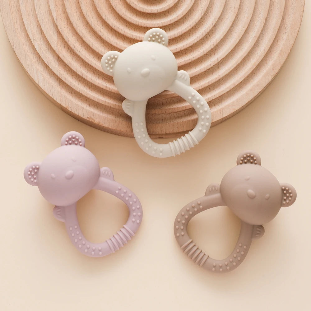 Baby Silicone Teether Bear Hand Bell Food Grade Teether Toys Rattle Baby 0-12 Months Silicone Sensory Toys Silicone Teething Toy