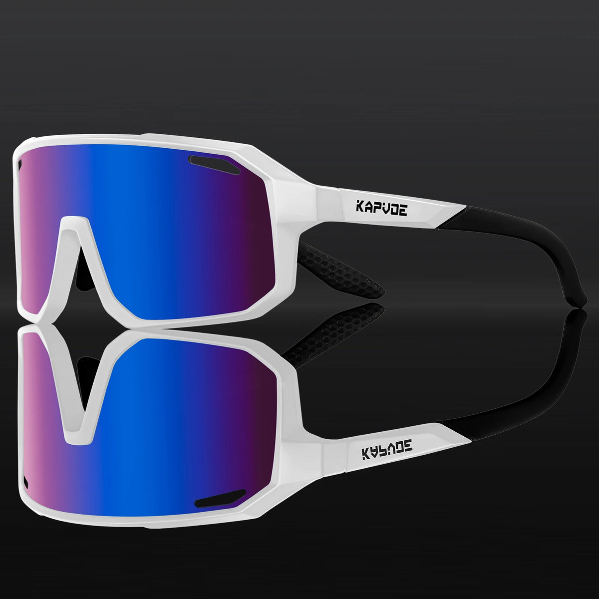 Sport sunglasses with white frame and blue mirrored lenses