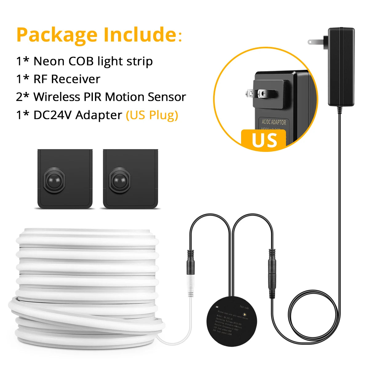Neon COB LED strip kit with RF receiver, two PIR sensors, and US DC24V adapter