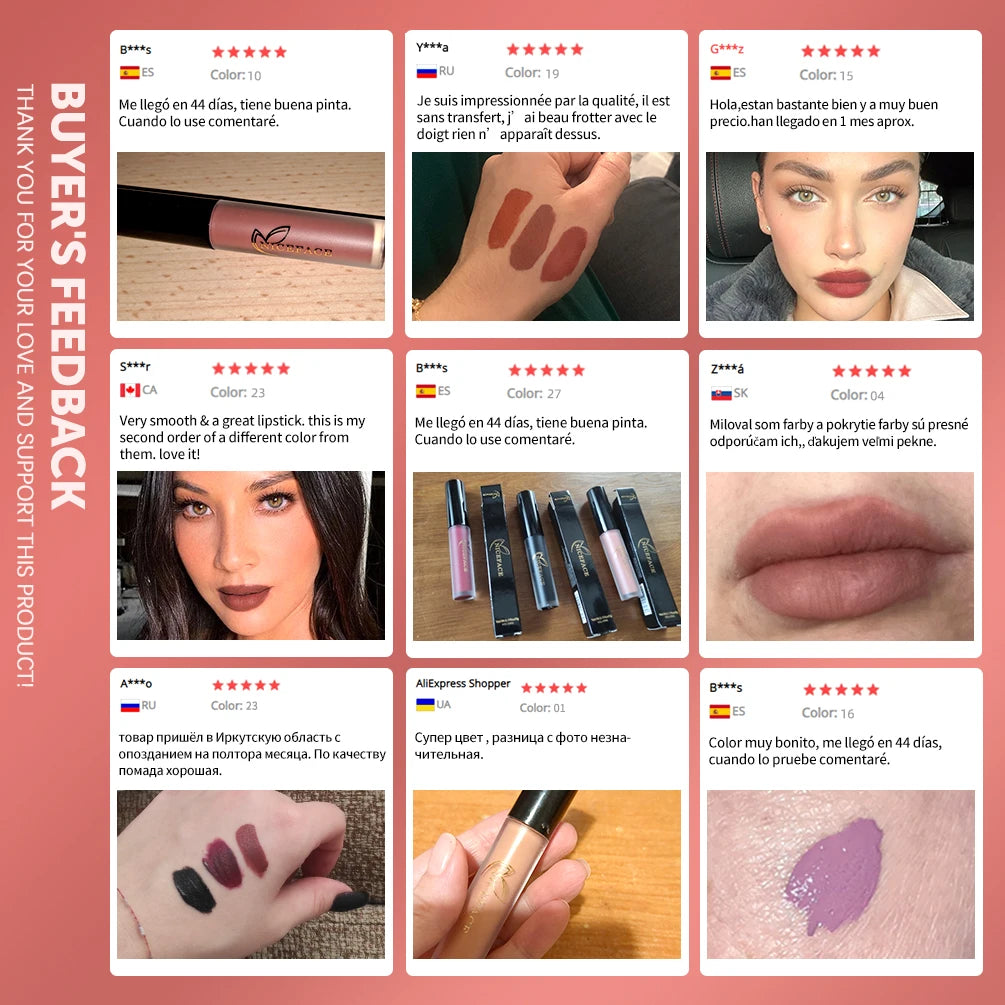 Customer reviews showcasing 25-color waterproof matte liquid lipstick set with smooth, long-lasting color swatches.
