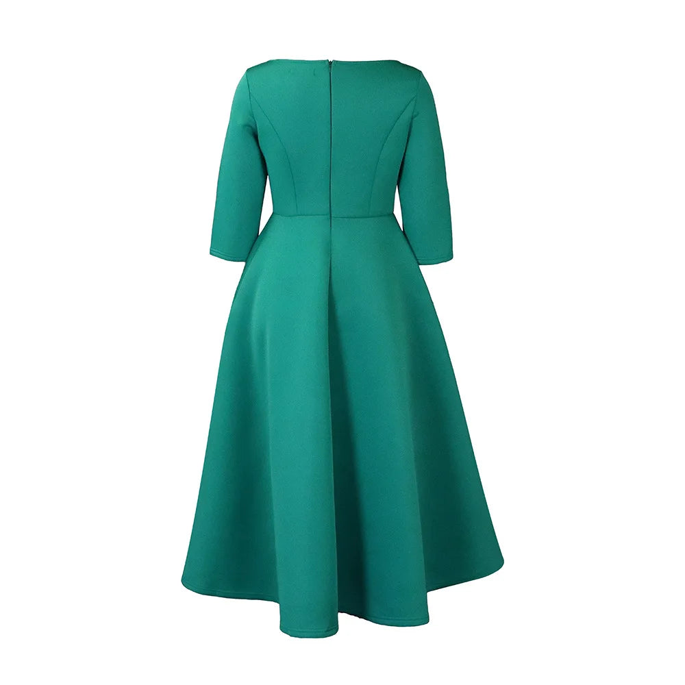 Elegant Pure Color Maxi Dress Evening Gown A- Line Skirt Polyester Fabric round Neck Short Sleeve High Waist Midi Dress