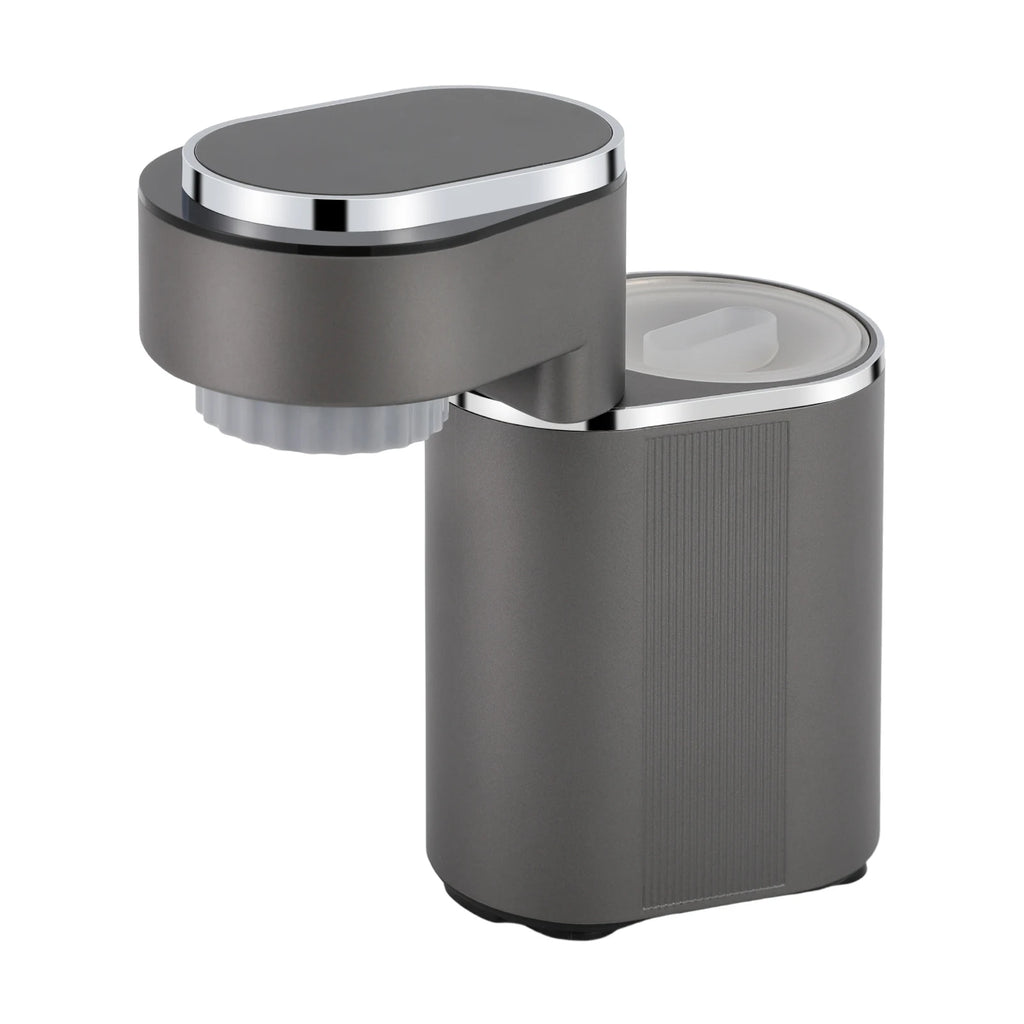 Modern grey electric water dispenser with a swivel spout and chrome accents for kitchen countertop use.