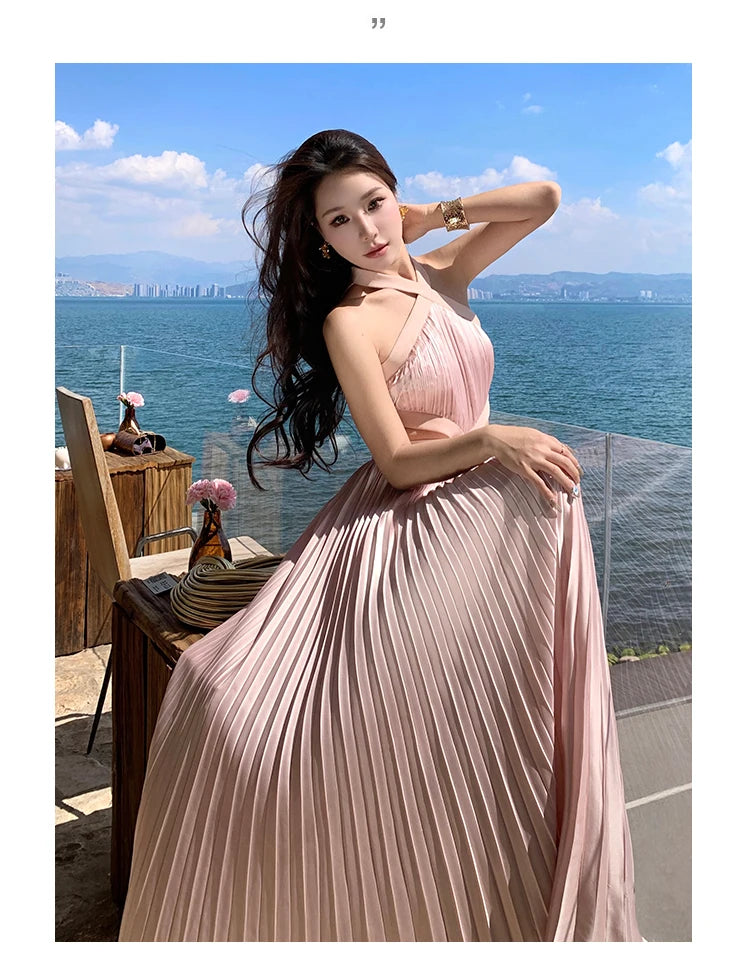 New Sexy Club Birthday Party Pleated Robe Long Dresses Women Summer Halter Neck Sleeveless Off The Shoulder Holiday Beach Dress