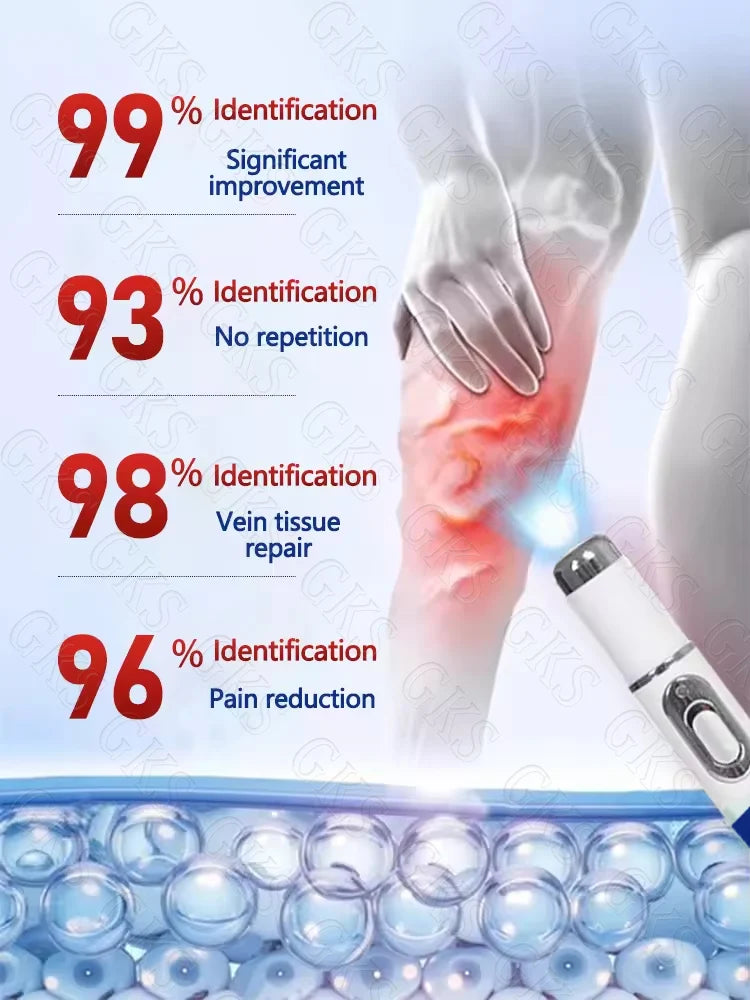 Handheld white laser device for vein repair, showing percentages for identification, pain reduction, and tissue repair.