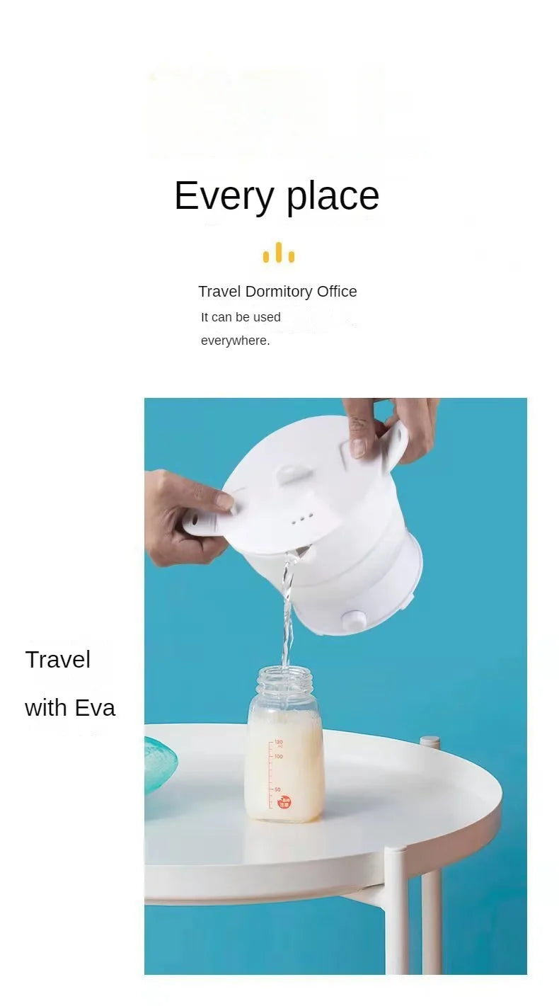 White foldable electric baby food warmer pot pouring hot water into a bottle