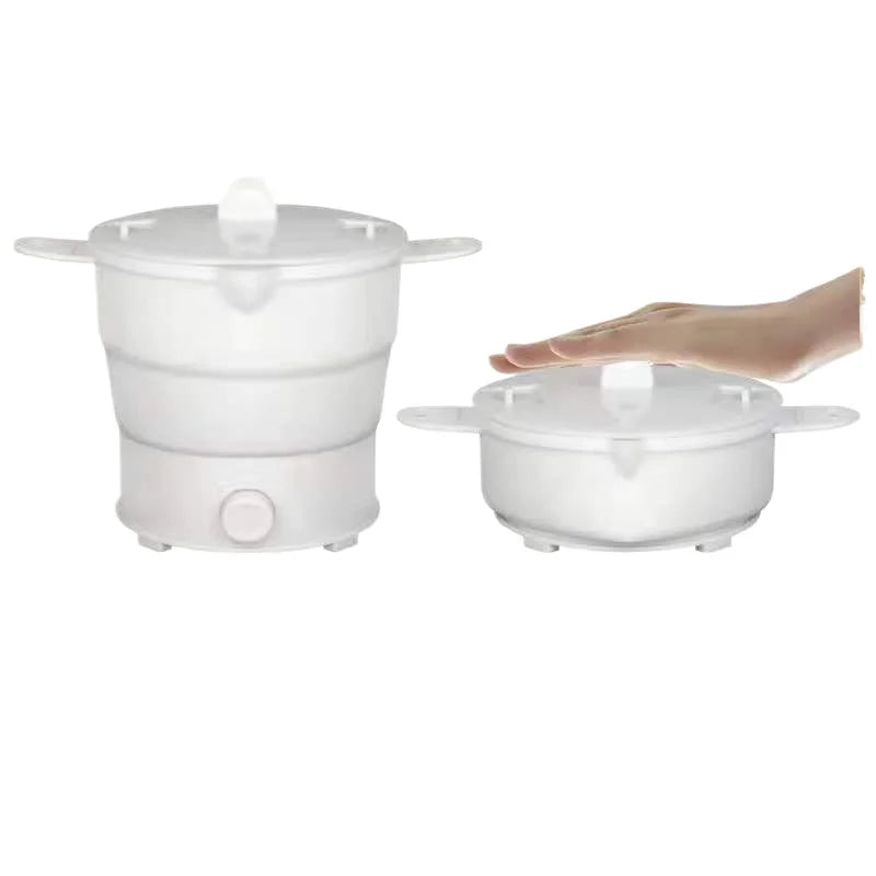 White foldable electric baby food warmer pot with lid and warming base, two views