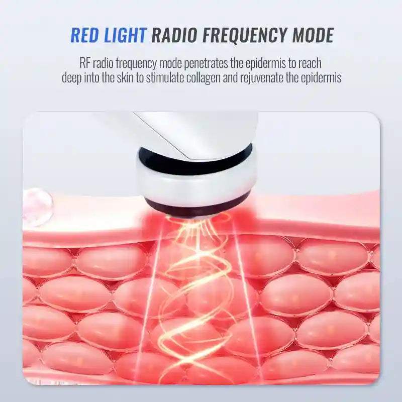 Mini HIFU RF facial device showing red light skin rejuvenation and collagen stimulation for anti-wrinkle care.
