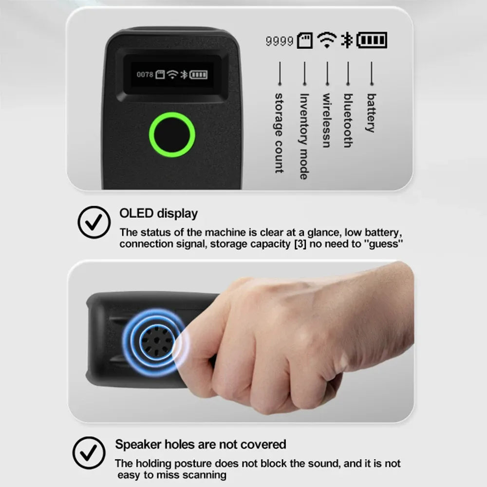 Black handheld barcode scanner showing status icons and a glowing green power ring.