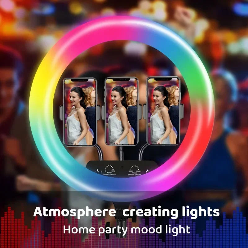 RGB LED ring light with three flexible phone holders and control knobs for content creation and ambient lighting.