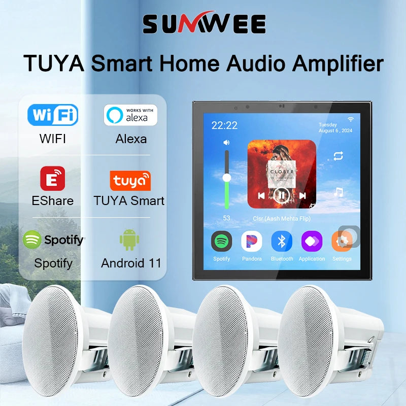 TUYA Smart Home Audio In Wall Amplifier WiFi Bluetooth Music Sound Control Panel Touch Screen Android 11 System Ceiling Speaker