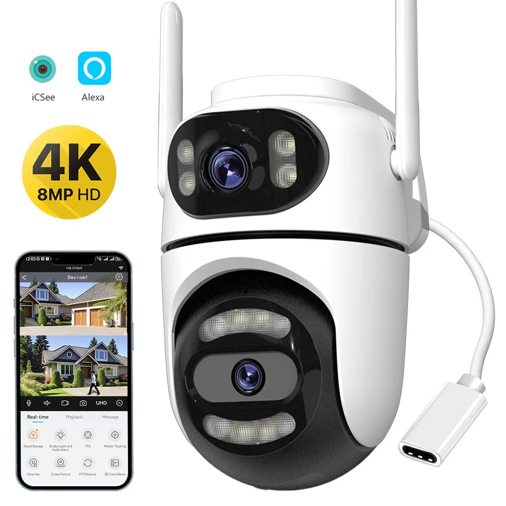 8MP 4K HD Wifi PTZ Camera iCsee APP Dual Lens Dual Screens Video Surveillance IP Camera Ai Tracking Outdoor Home Security CCTV