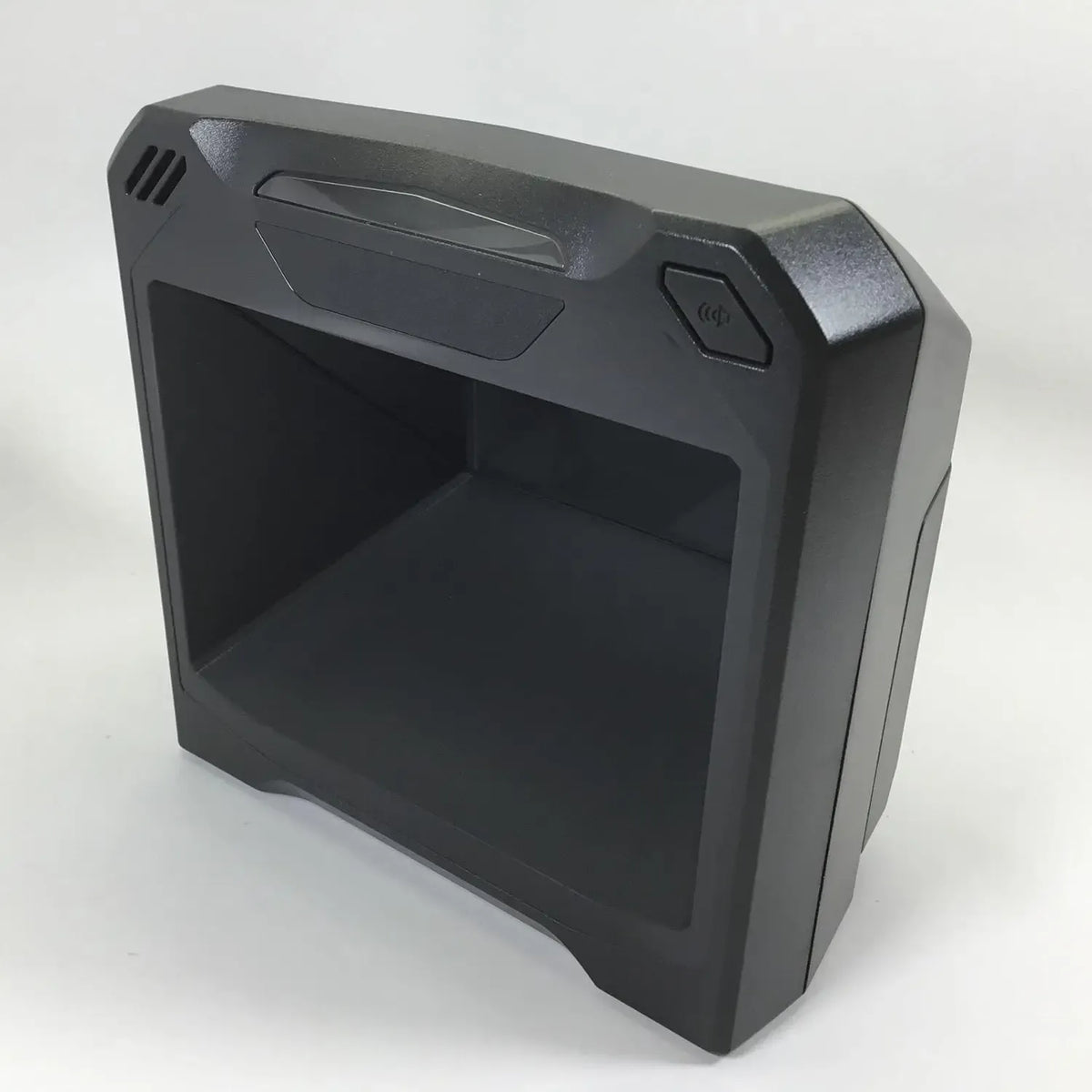 Zebra Symbol vertical slot barcode scanner, dark gray and black, front display window