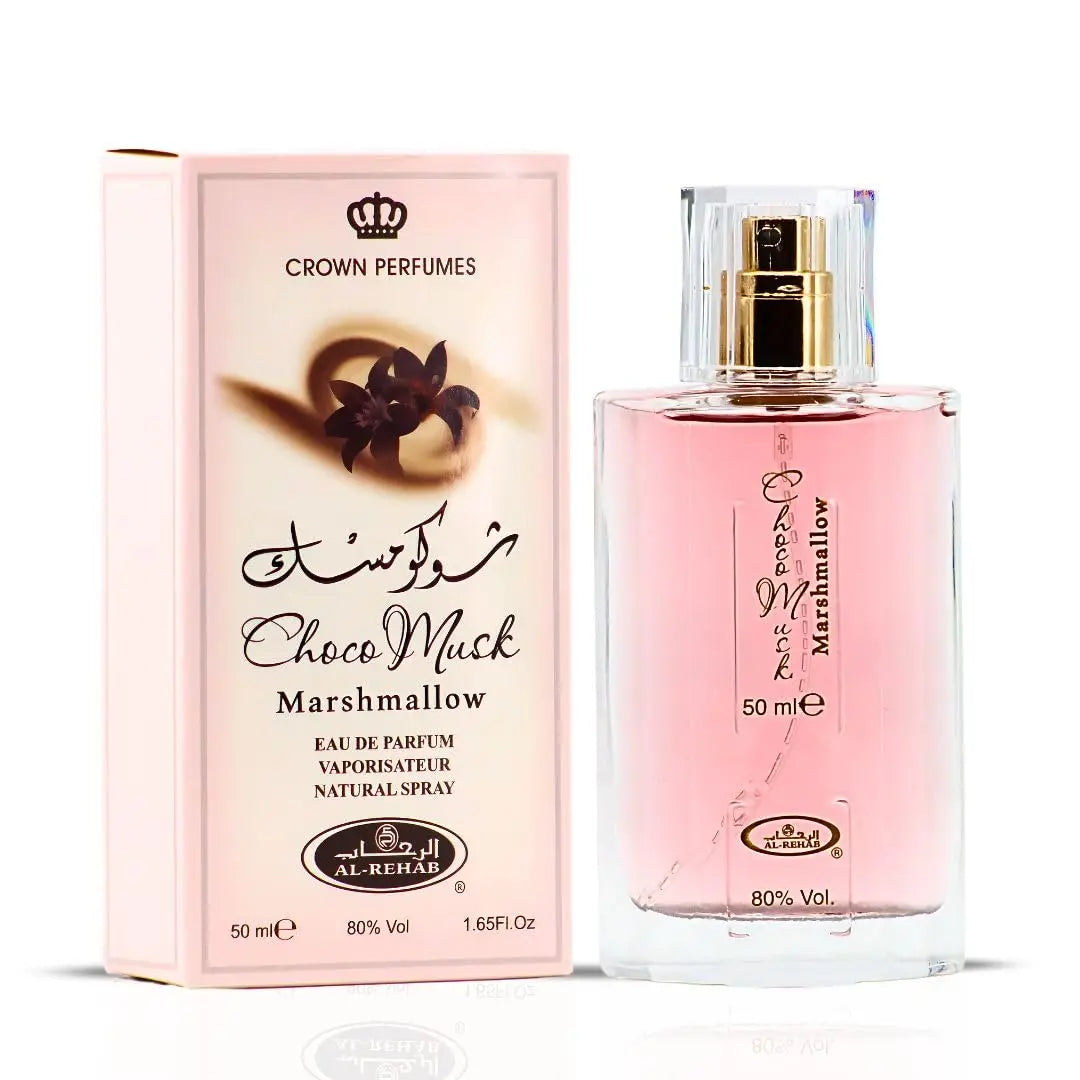 Al-Rehab Choco Musk Marshmallow EDP for women. 50ml rectangular bottle. Gourmand perfume: cocoa, strawberry, vanilla.