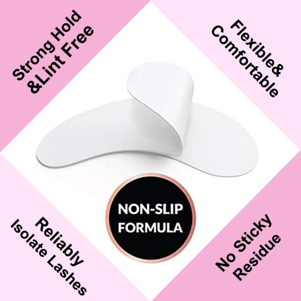 White, lint-free eyelash extension pads for under-eye isolation. Flexible, non-slip patches for lash grafting.