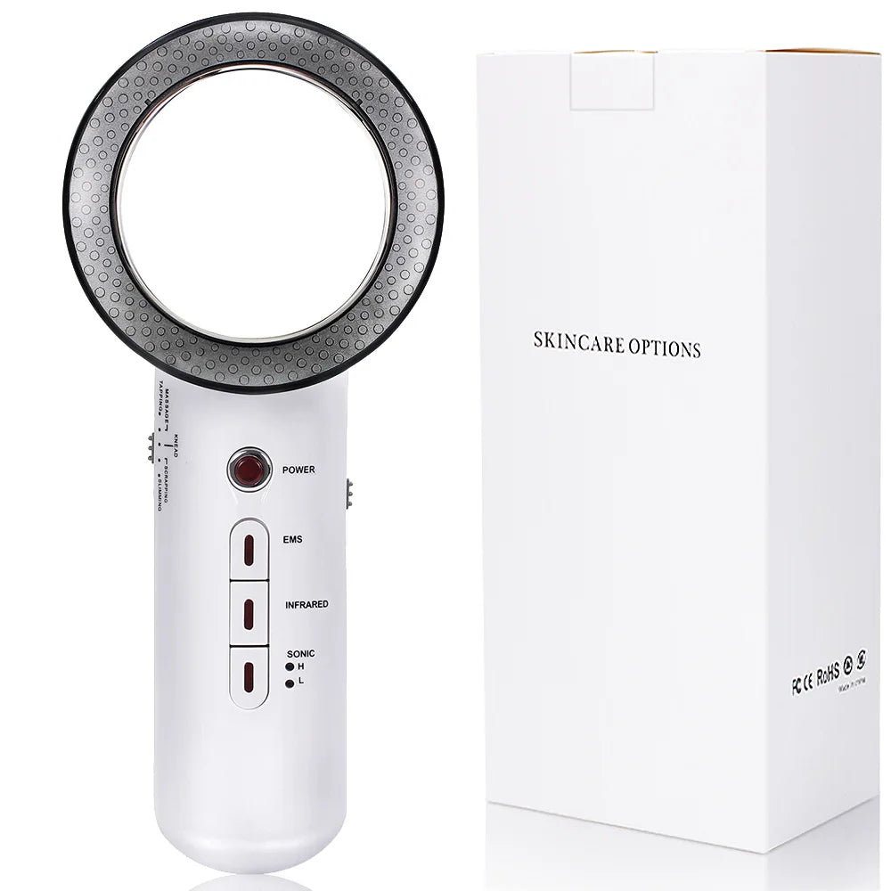 White handheld ultrasonic slimming device with a circular head and control buttons, next to its white product box.