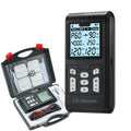 Black 4-in-1 IFT, RUSS, EMS, and TENS therapy unit with digital display, electrode pads, and portable carry case.