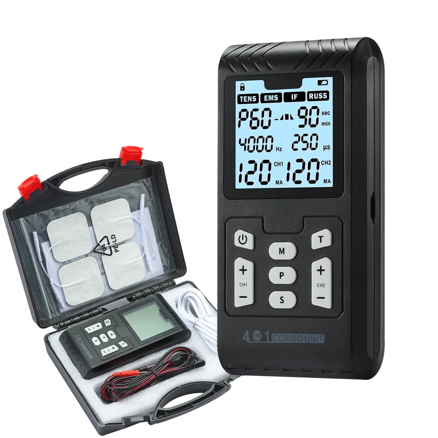 Black 4-in-1 IFT, RUSS, EMS, and TENS therapy unit with digital display, electrode pads, and portable carry case.