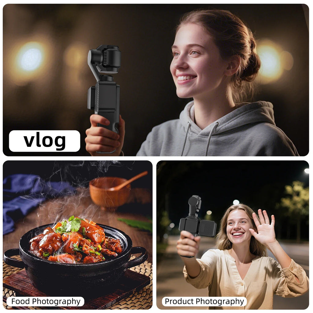 Compact black handheld gimbal camera with a rotating head for vlogging, food, and product video recording.