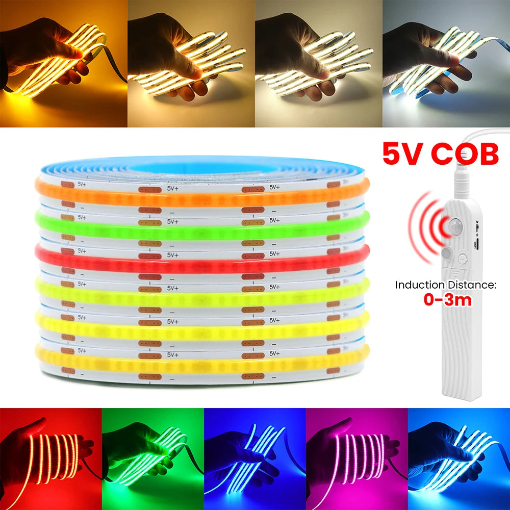 5V Motion Sensor LED COB Light Strip Human Induction USB/Battery Powered Flexible Lamp Under Cabinet Stairs Wardrobe Nightlights