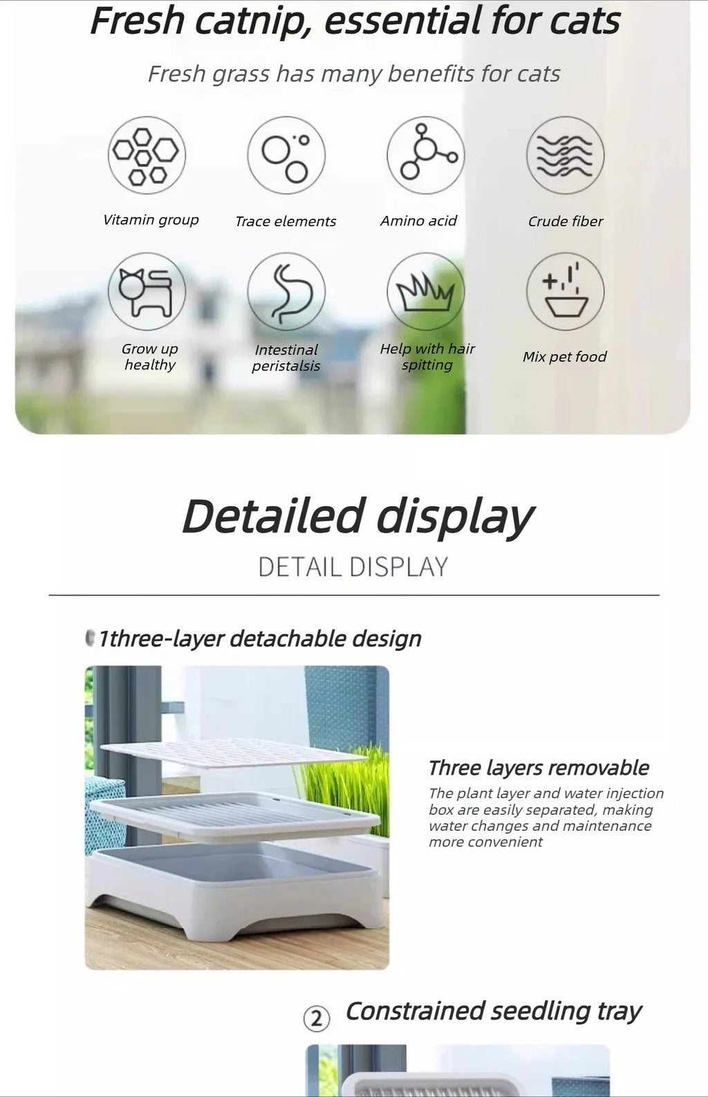 White layered hydroponic cat grass box with green grass tray detail