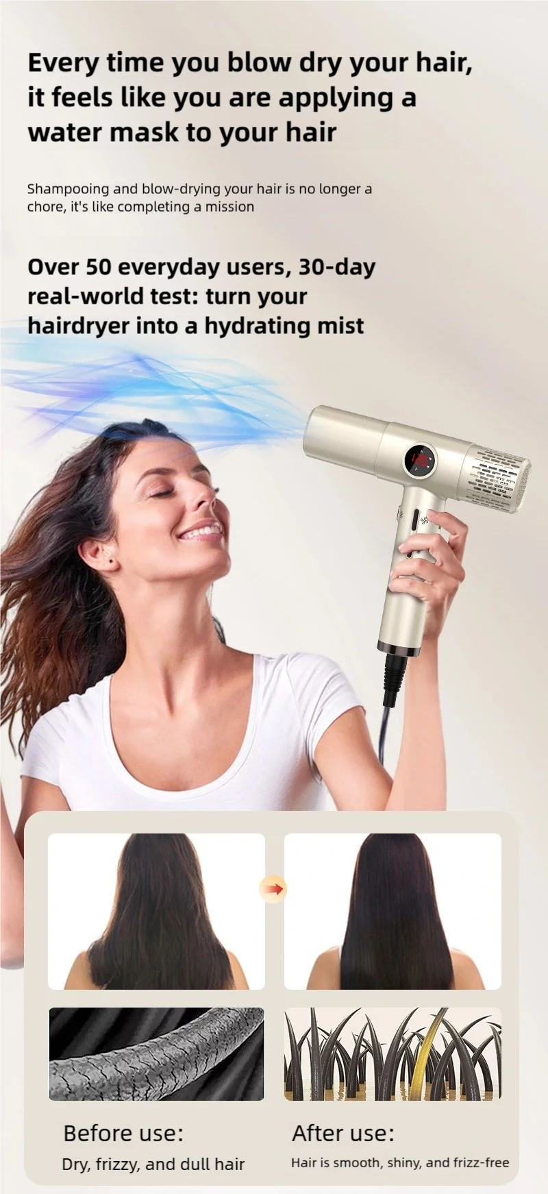 TINSOL champagne gold high-speed ionic hair dryer with LED display for fast, frizz-free professional hair drying.