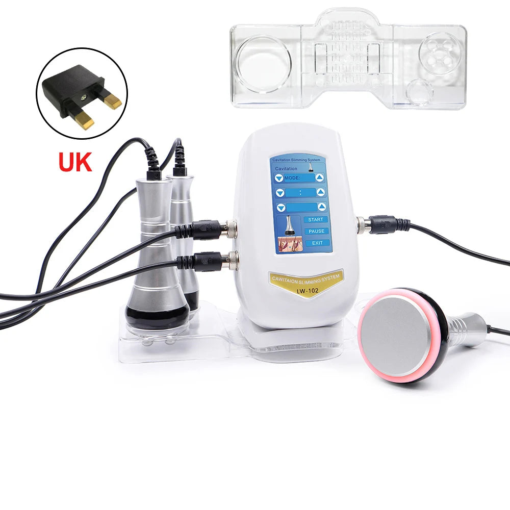 White 3-in-1 40K cavitation machine with digital screen, silver and black massage probes, and UK power adapter.