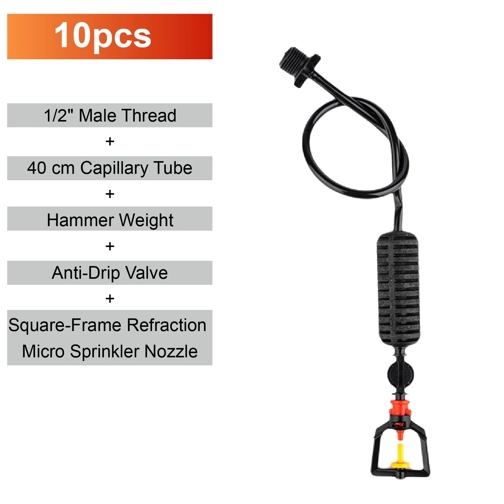 Hanging micro sprinkler nozzle with black tube, anti-drip valve, and red/yellow valve base