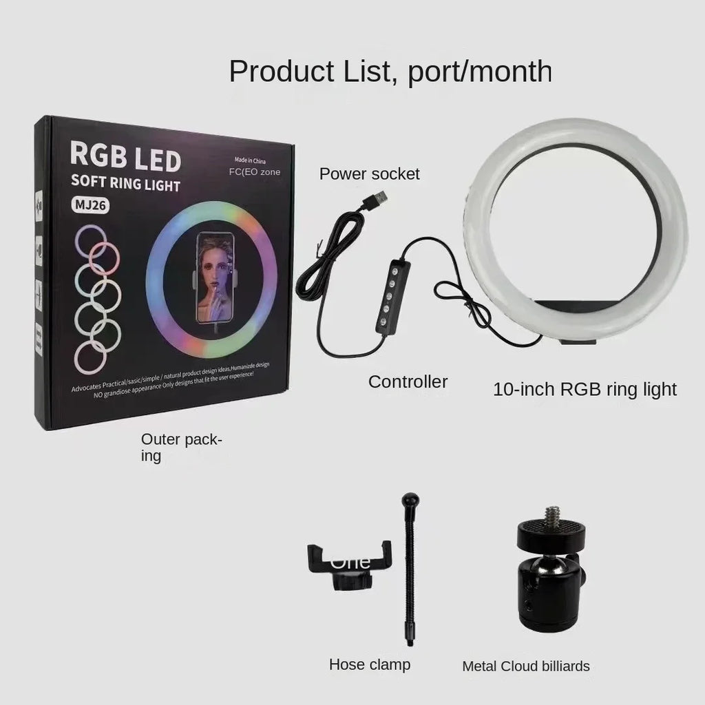 10-inch RGB LED ring light with USB controller, phone holder, and metal ball head mount for photography and video.