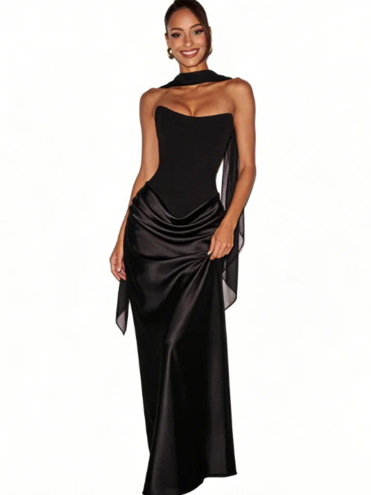Strapless Satin Mermaid Maxi Dress Women Draped Waist Formal Party Evening Gown Y2K Sexy Elegant Clubwear