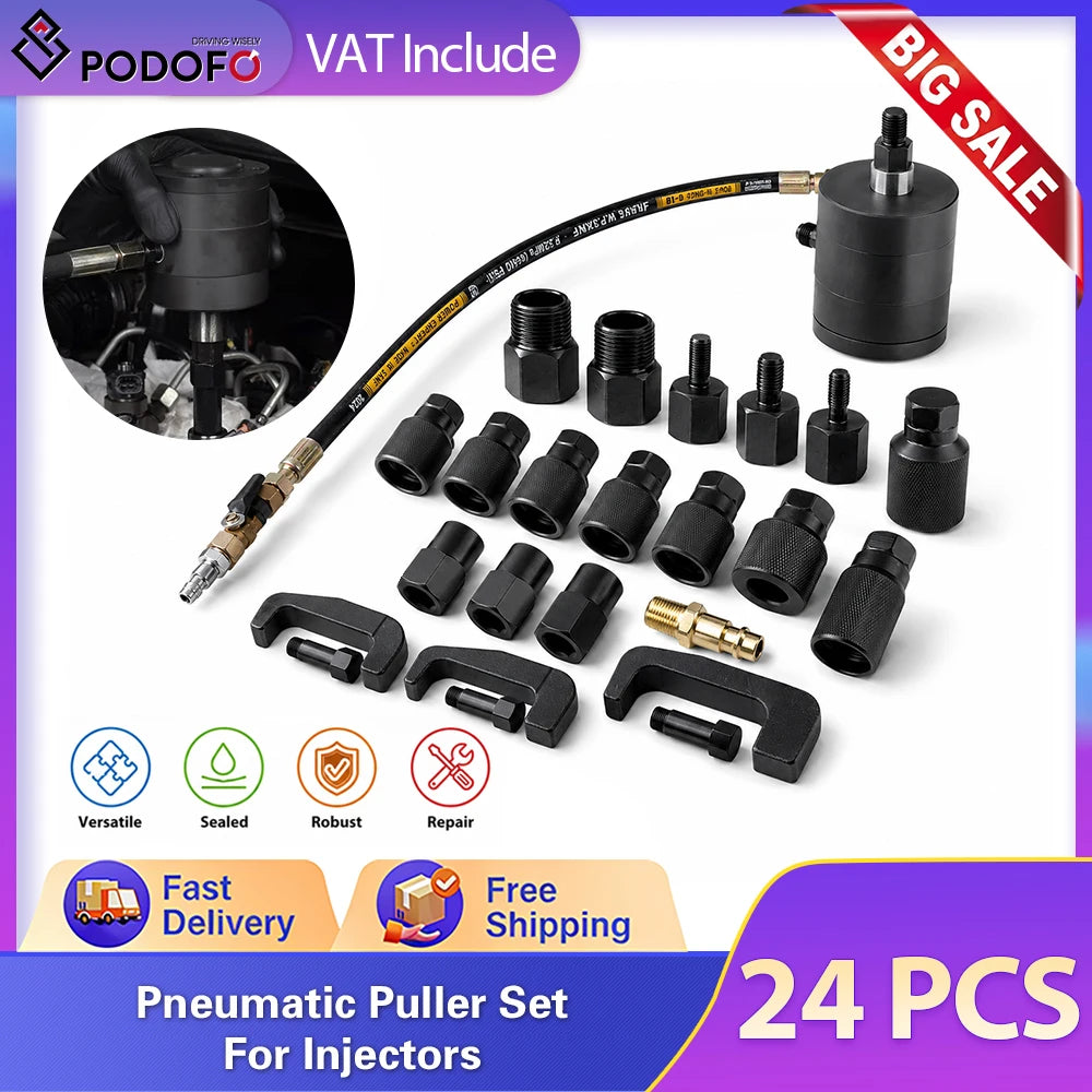 Podofo 24pcs Pneumatic Diesel Injector Puller Tool Professional Air Vibration Injector Removal Extractor Tool for Removing Stuck Fuel Injectors in Diesel Engines with 19Pcs Adapters&Box
