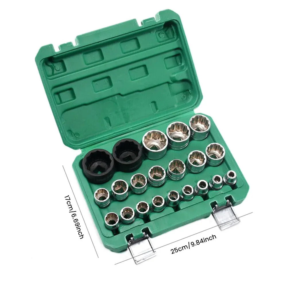 Podofo 1/2" Drive Socket Spanner Set 21PCS Multi-Tooth 6 12 Point External Socket Tool Kit for Auto Repair