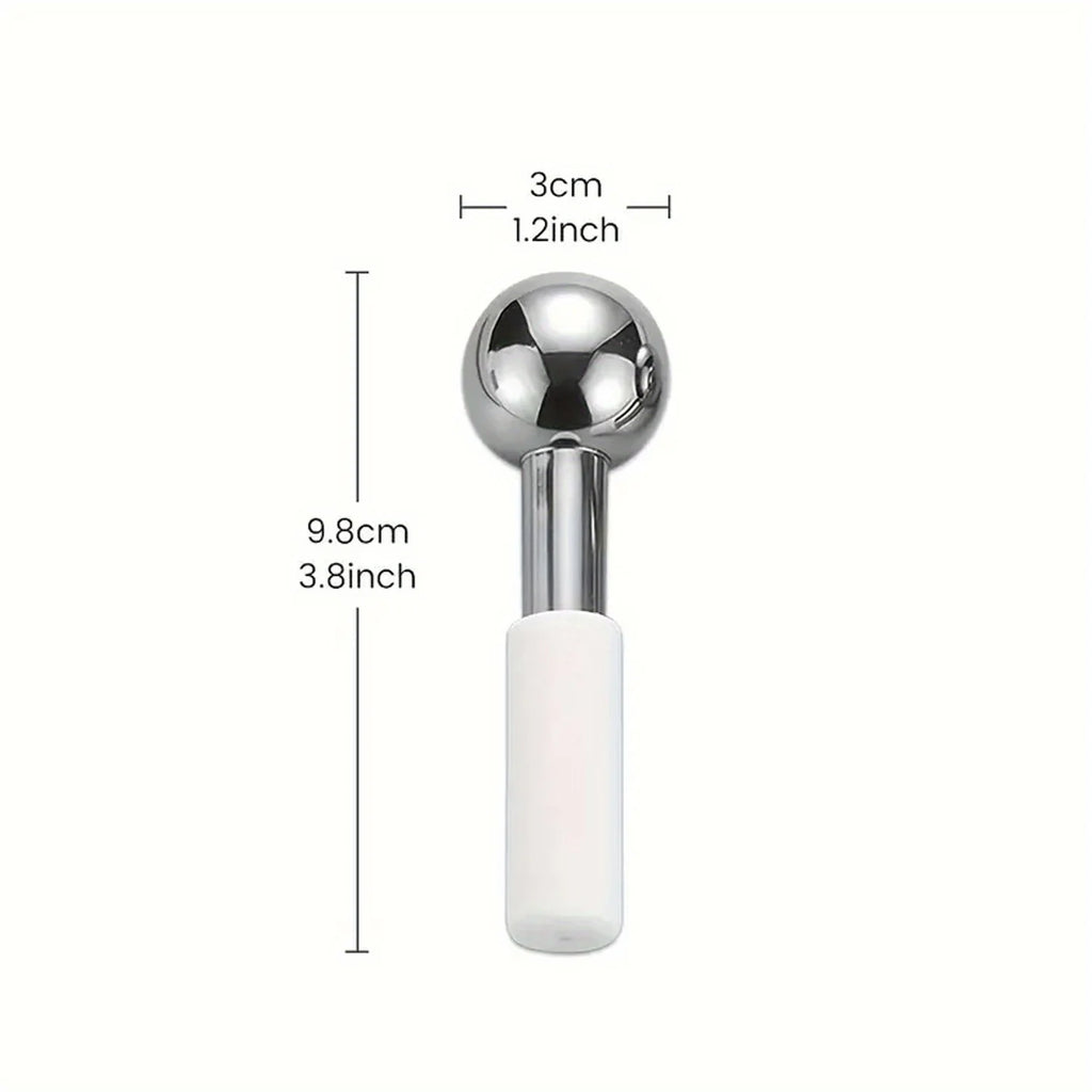 Shiny stainless steel facial ice globe with a white handle, shown with dimension labels indicating 9.8cm length.