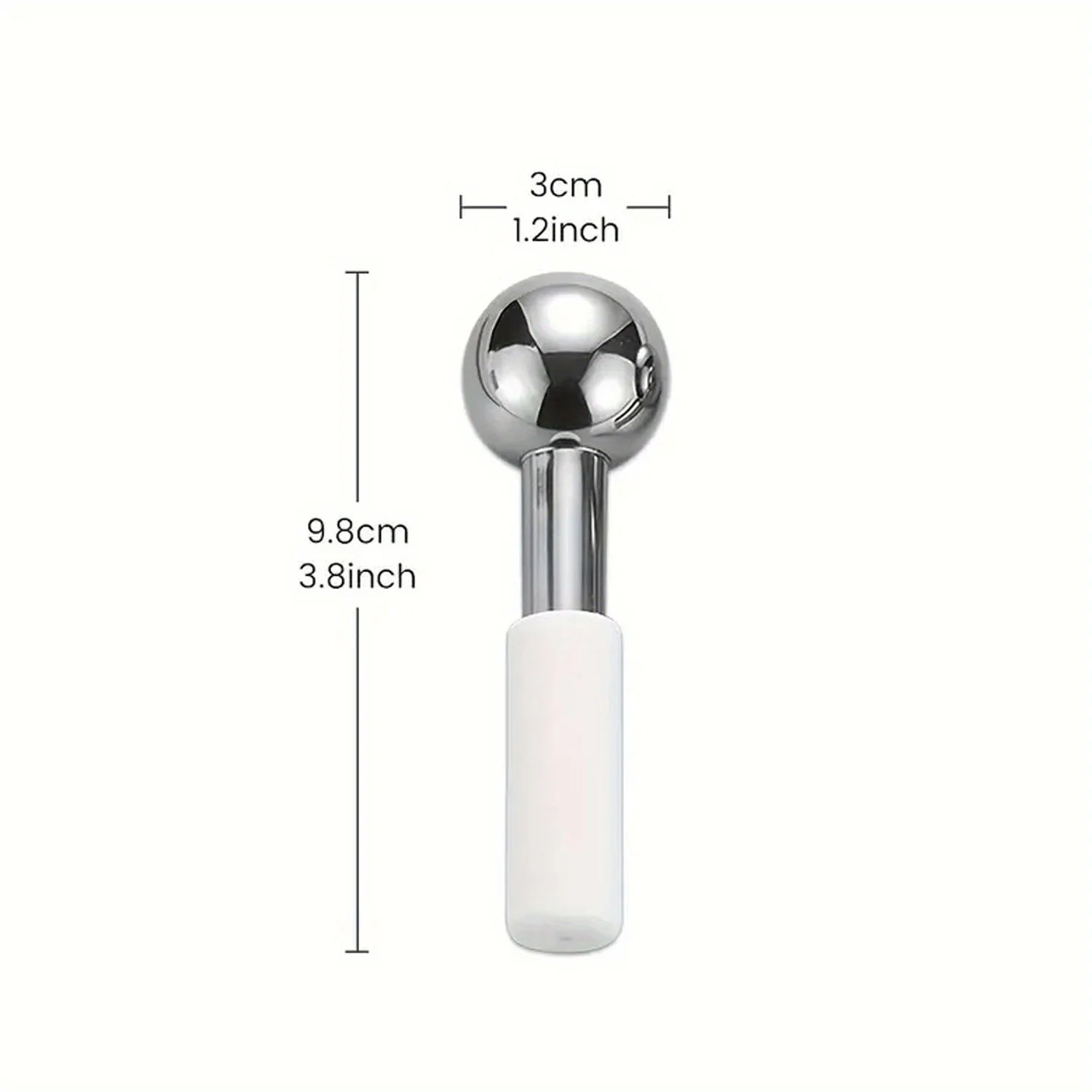 Shiny stainless steel facial ice globe with a white handle, shown with dimension labels indicating 9.8cm length.