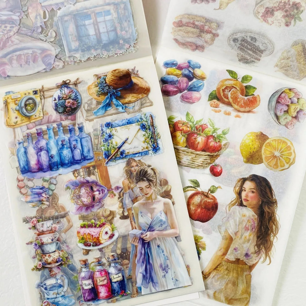 Journamm 20-sheet PET sticker book with aesthetic watercolor illustrations for scrapbooking and creative journaling.